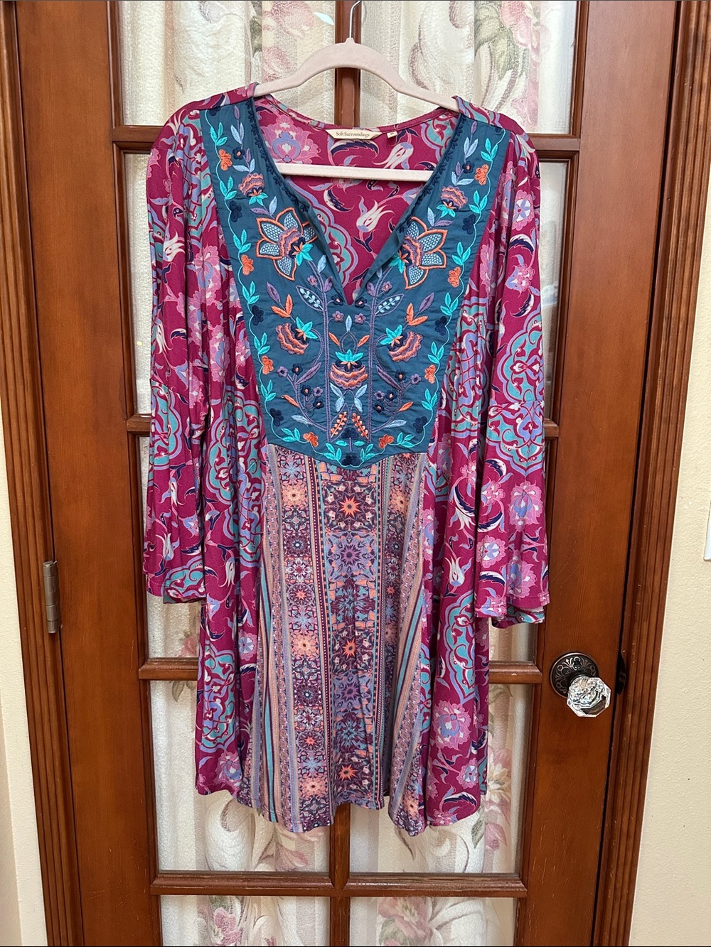 Soft Surroundings Magenta and Teal Boho Tunic with Embroidered V-Neck